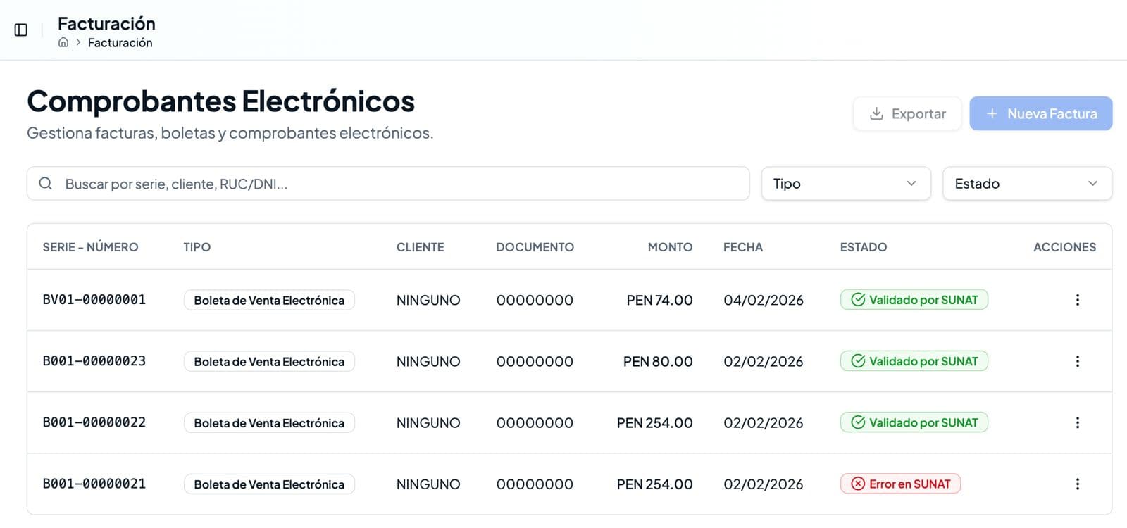 Comprobantes electrónicos validados por SUNAT en VentIA